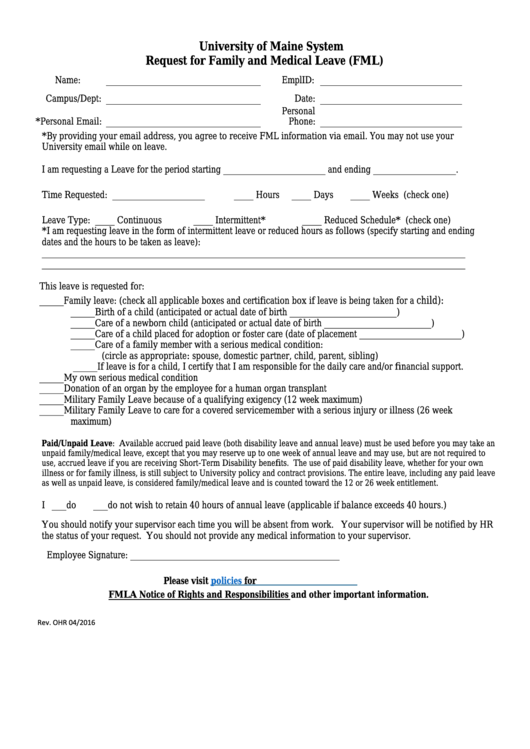 University Of Maine System - Request For Family And Medical Leave Form (Fml) Printable pdf