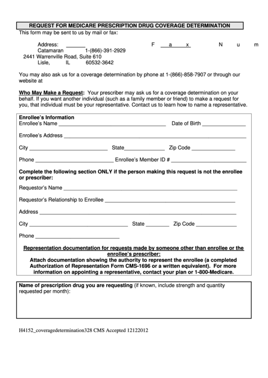 Request For Medicare Prescription Drug Coverage Determination Form Printable pdf