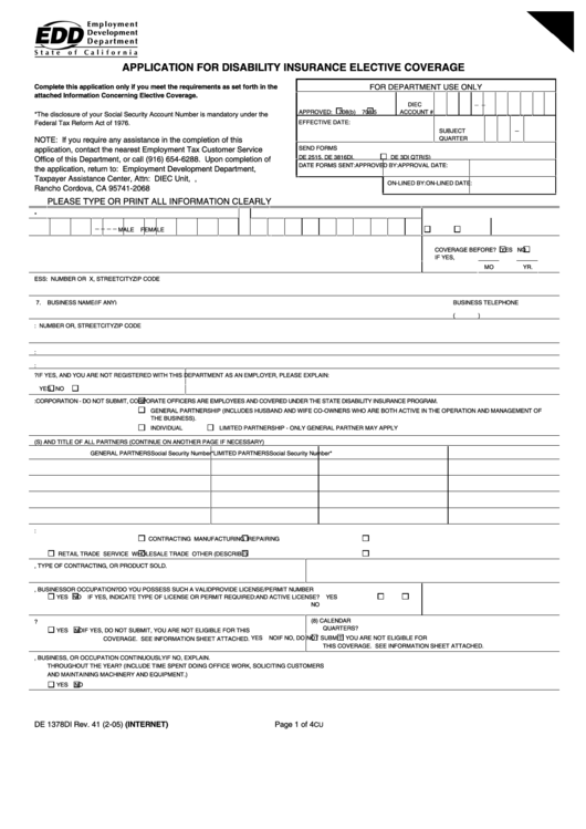 Form De 1378di - Application Form For Disability Insurance Elective Coverage - 2005 Printable pdf