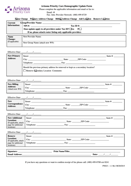 Fillable Arizona Priority Care - Demographic Change Form Printable pdf