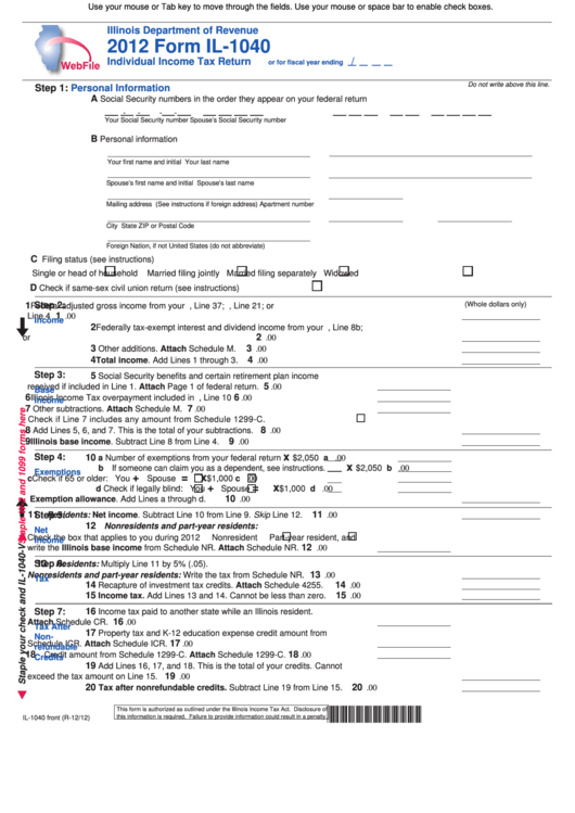 Fillable 2012 Form Il-1040 - Individual Income Tax Return Printable pdf