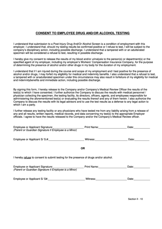 Consent To Employee Drug And/or Alcohol Testing Form Printable pdf