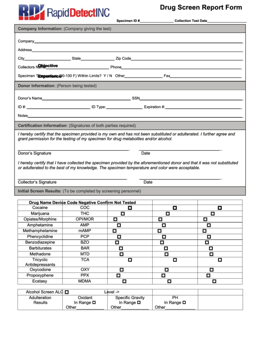 Drug Screen Report Form Printable pdf