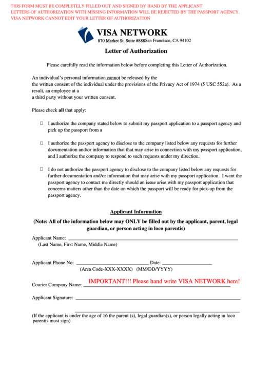 Visa Letter Of Authorization Form Printable pdf