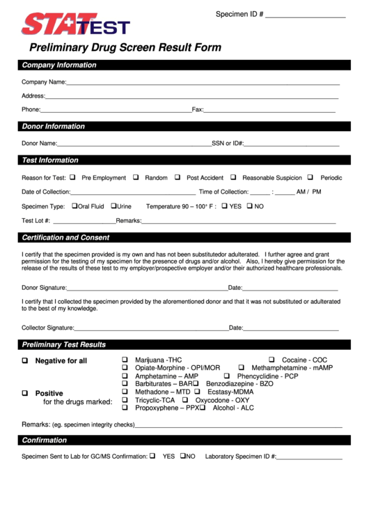 Preliminary Drug Screen Result Form Printable pdf