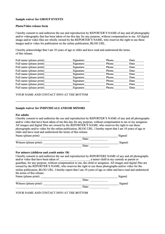 Sample Waiver For Group Events Photo/video Release Form Printable pdf