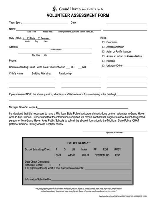 Volunteer Assessment Form Printable pdf