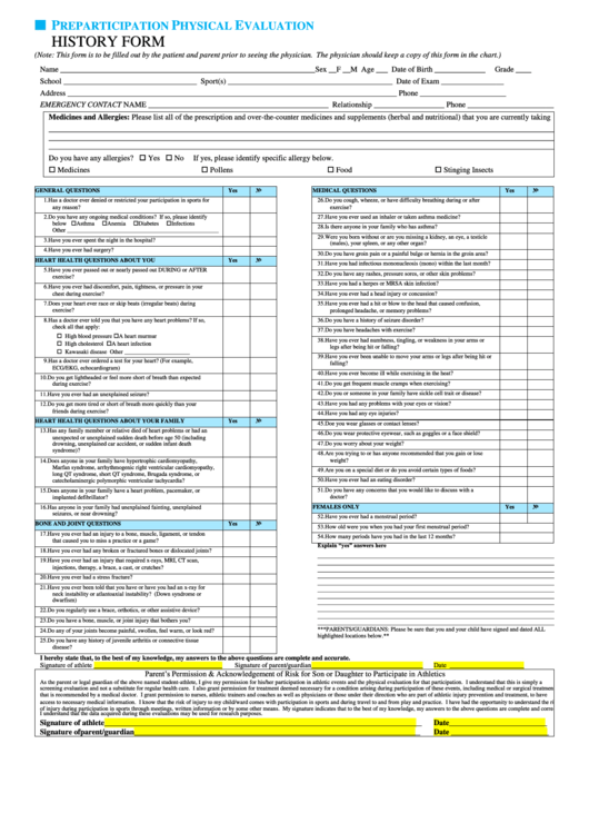 History Form - Preparticipation Physical Evaluation Printable pdf