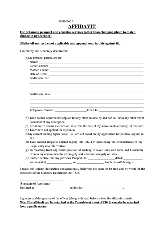 Form No 2 - Affidavit - For Obtaining Passport And Consular Services Printable pdf