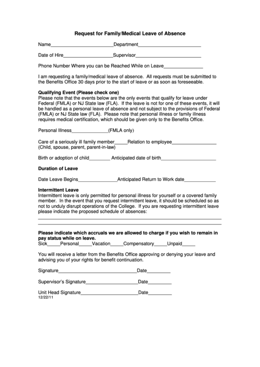 Request For Family/medical Leave Of Absence Form Printable pdf