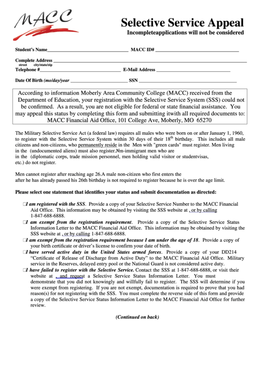 Selective Service Appeal Form Printable pdf