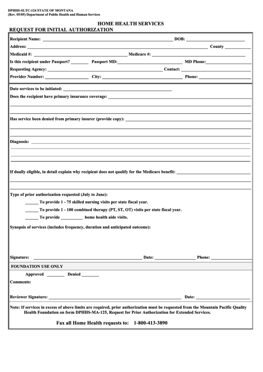 Dphhs-Sltc-124 Home Health Initial Authorization Request Form Printable pdf
