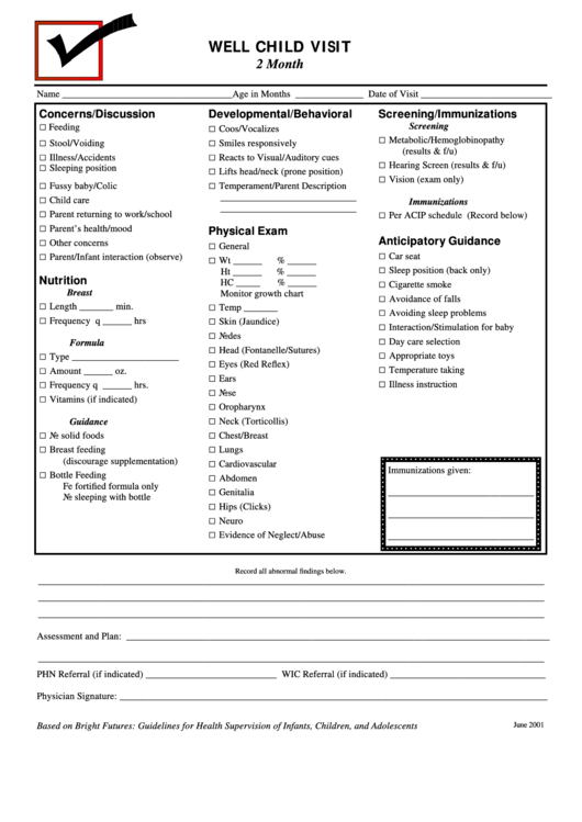 2 Months Child Health Checklist Template Printable pdf