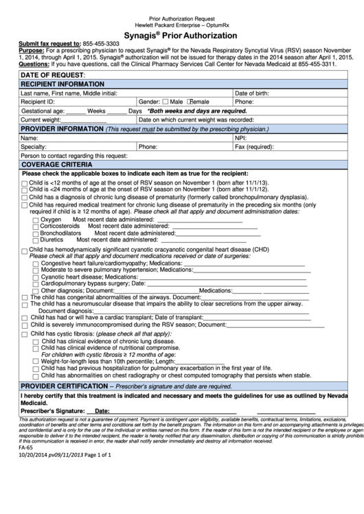 Fillable Fa-65 Synagis Prior Authorization Form Printable pdf