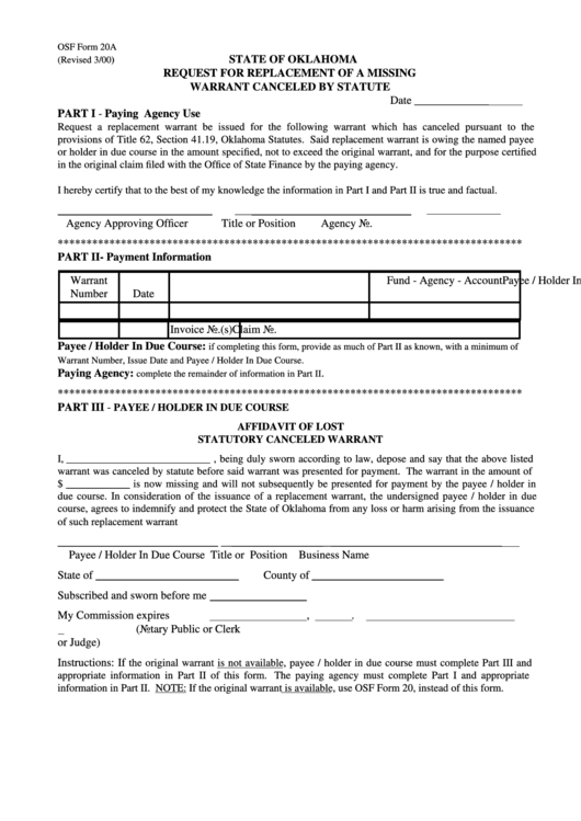 Fillable Osf Form 20a Request For Replacement Of A Missing Warrant Canceled By Statute Printable pdf