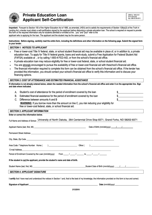Fillable Private Education Loan Applicant Self-Certification (Omb No. 1845-0101) - 2010 Printable pdf