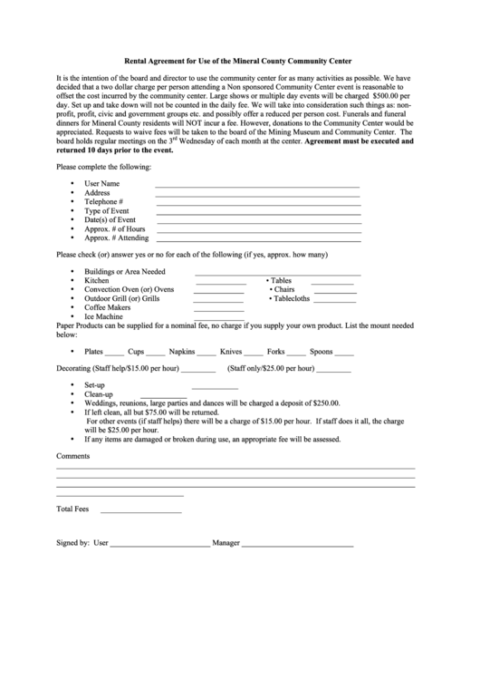 Rental Agreement For Use Of The Mineral County Community Center Printable pdf
