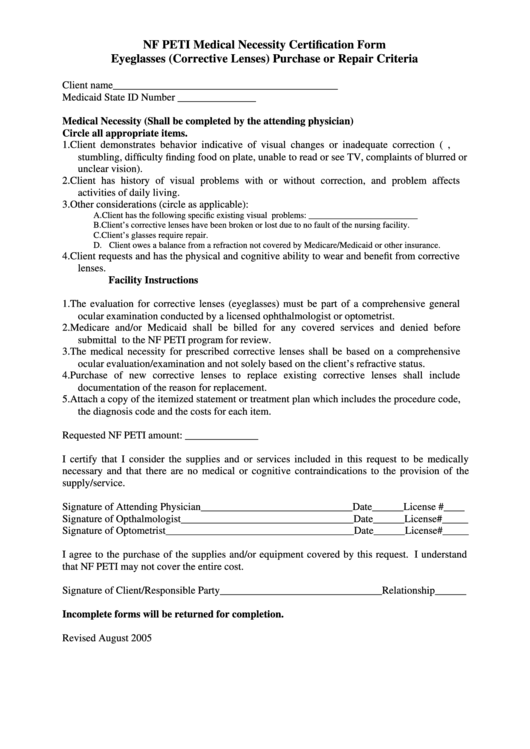 Nf Peti Medical Necessity Certification Form - Eyeglasses (Corrective Lenses) Purchase Or Repair Criteria Printable pdf