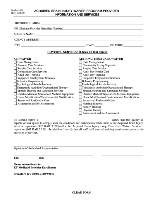 Fillable Form Map-4100a - Acquired Brain Injury Waiver Program Provider Information And Services Printable pdf