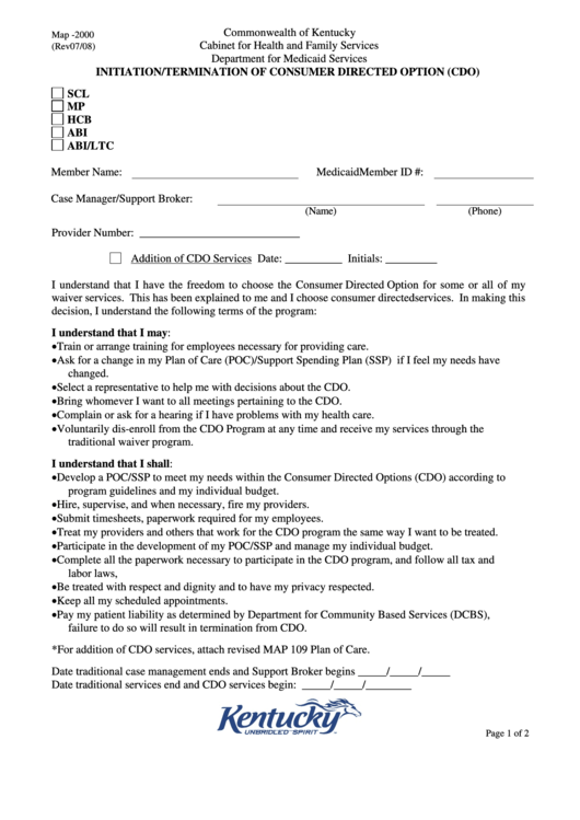 Fillable Map-2000 Initiation/termination Of Consumer Directed Option (Cdo) Form Printable pdf