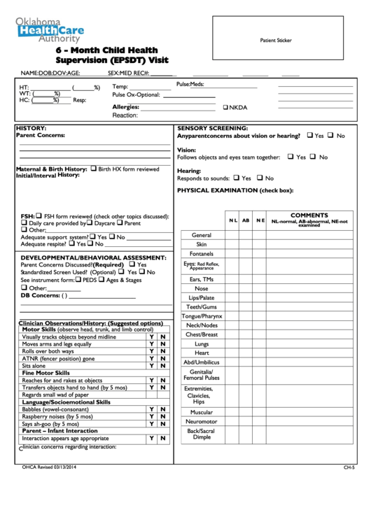6 - Month Child Health Supervision (Epsdt) Visit Form Printable pdf