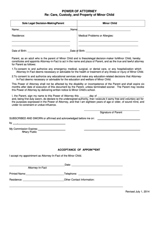 Power Of Attorney Form - Sole Legal Decision-Making Parent And Minor Child Printable pdf