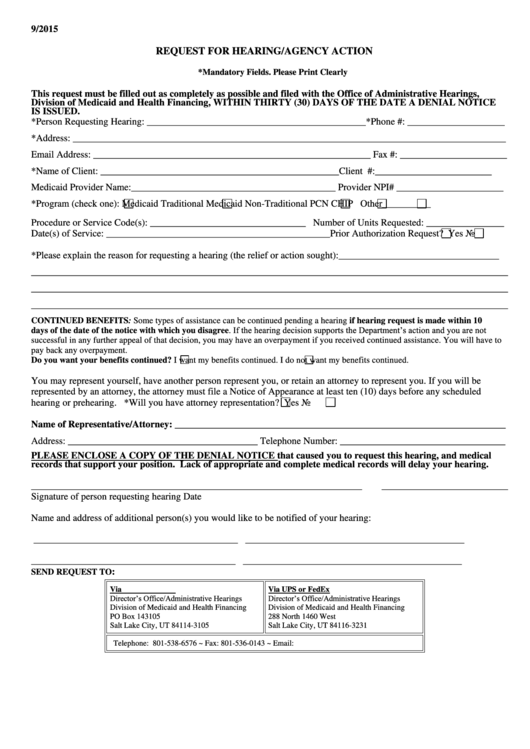 Request For Hearing/agency Action Form Printable pdf