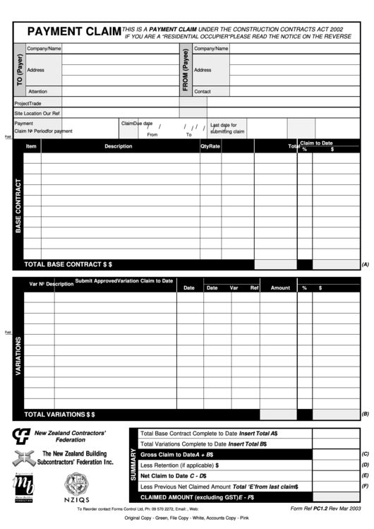 Payment Claim Form Printable pdf