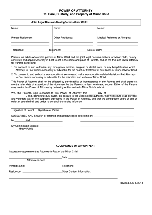 Power Of Attorney Form - Joint Legal Decision-Making Parents And Minor Child Printable pdf