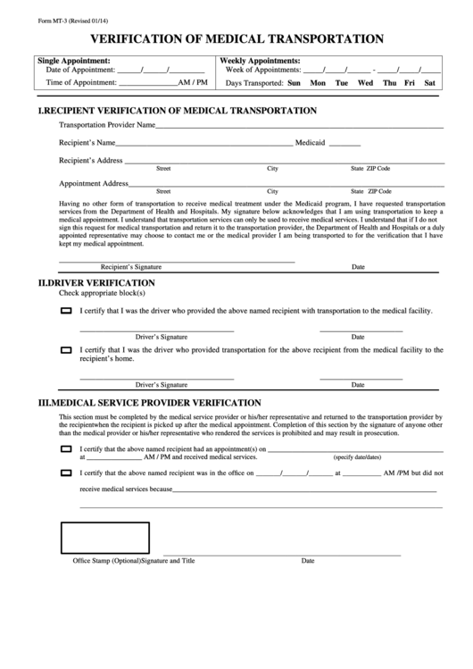 Form Mt 3 Verification Of Medical Transportation Printable Pdf Download