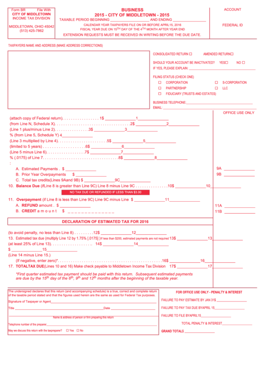 Form Br - Business - City Of Middletown - 2015 Printable pdf
