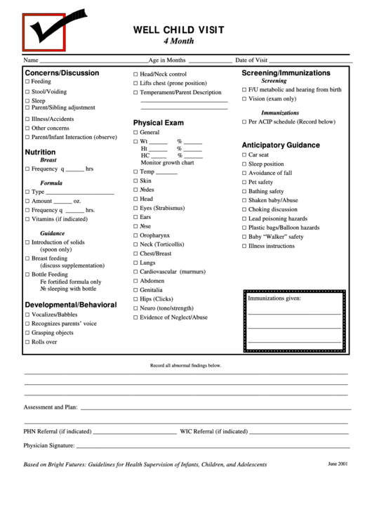 4 Months Child Health Checklist Template printable pdf download