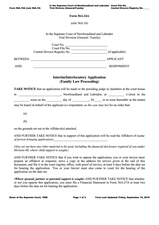 Fillable Form 56a.16a - Interim/interlocutory Application Printable pdf