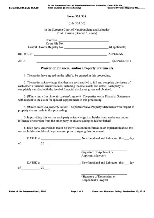 Fillable Form 56a.30a - Waiver Of Financial And/or Property Statements Printable pdf