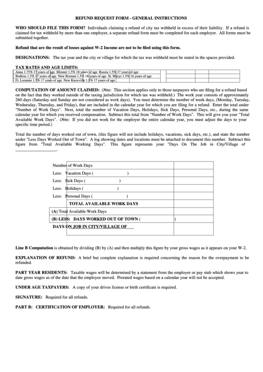 Refund Request Form Printable pdf