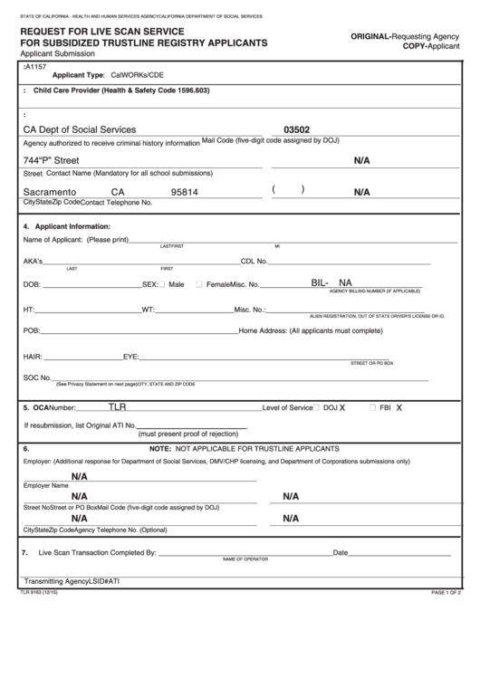 Fillable Form Tlr 9163 - Request For Live Scan Service For Subsidized Trustline Registry Applicants - 2015 Printable pdf