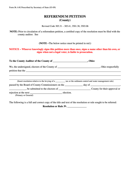 Form 6-K - Referendum Petition (County) Printable pdf