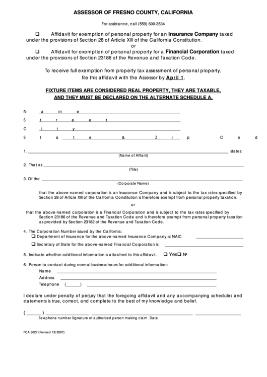 Fillable Affidavit For Exemption Of Personal Property For An Insurance Company Or Financial Corporation Form Printable pdf