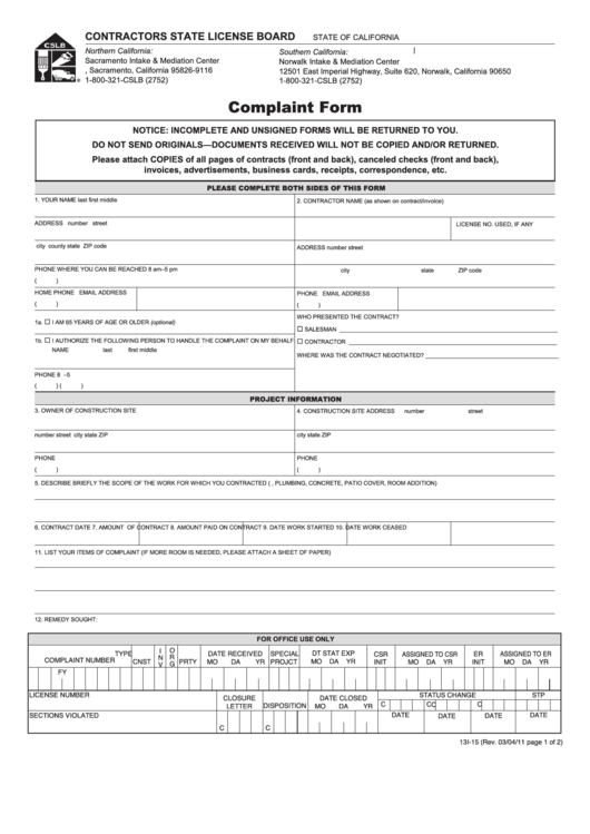 Fillable Complaint Form - Contractors State License Board Printable pdf