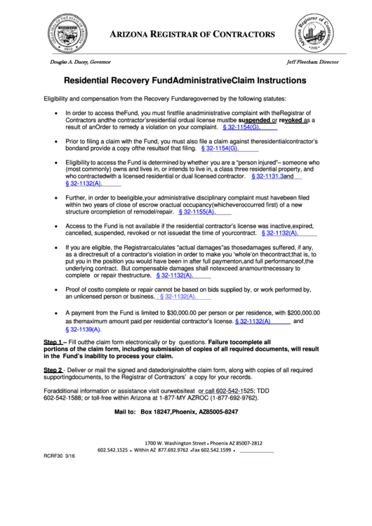 Fillable Rcrf30 Residential Recovery Fund Administrative Claim Form Printable pdf