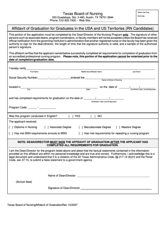Fillable Affidavit Of Graduation For Graduates In The Usa And Us Territories Form - Texas Board Of Nursing Printable pdf