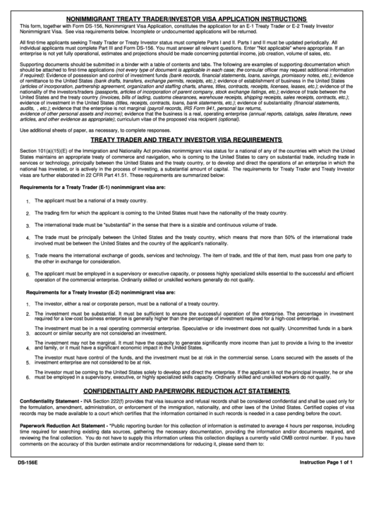 Fillable Form Ds-156e - Nonimmigrant Treaty Trader/investor Application Printable pdf
