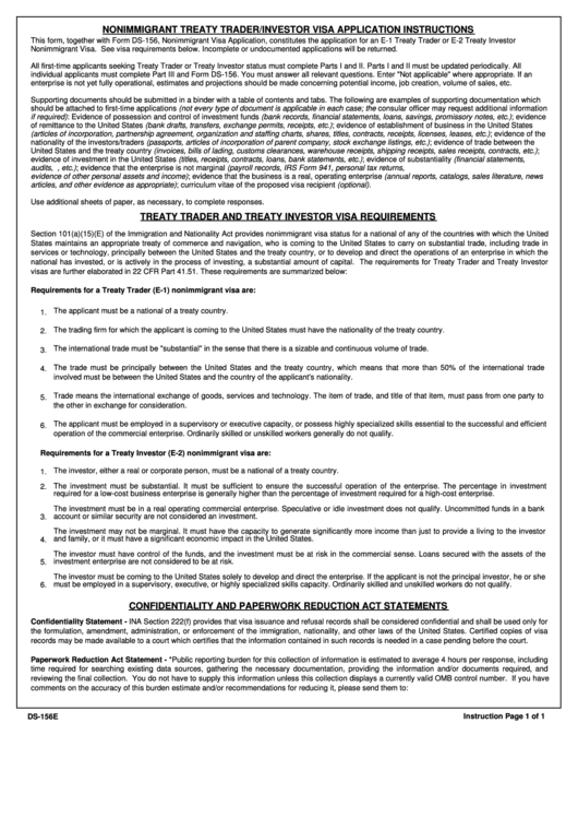 Fillable Form Ds 156e Nonimmigrant Treaty Trader investor Application Printable Pdf Download