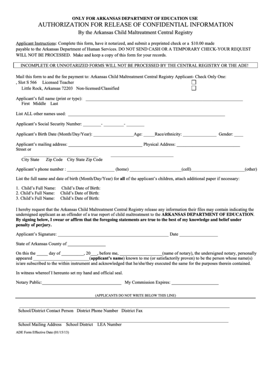 Authorization For Release Of Confidential Information Form - Arkansas Department Of Education Printable pdf