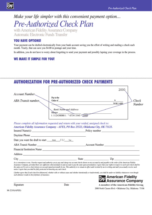 Pre-Authorized Check Plan Form - American Fidelity Assurance Company Printable pdf