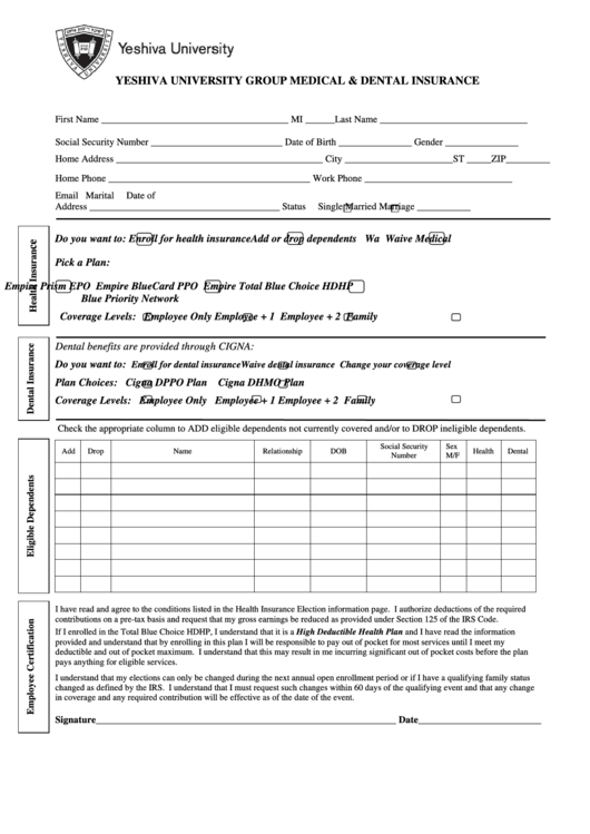 Group Medical & Dental Insurance Form Printable pdf