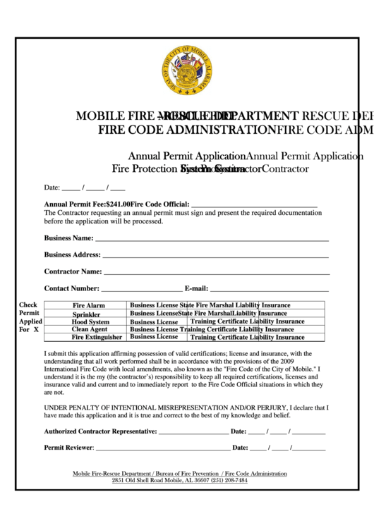 Annual Permit Application Fire Protection System Contractor Form - Rescue Department Printable pdf