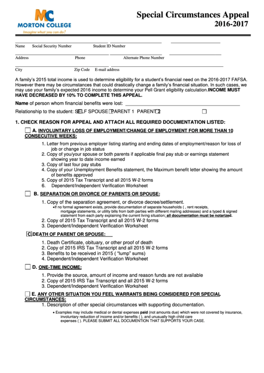 Special Circumstances Appeal Form Printable pdf