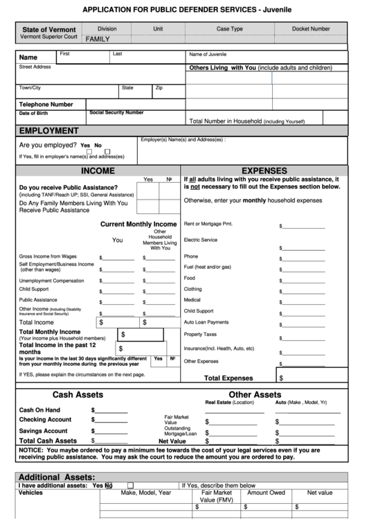 Fillable Form 358jv - Application For Public Defender Services Form - Juvenile Printable pdf