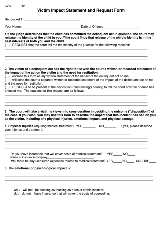 Fillable Form 112 - Victim Impact Statement And Request Printable pdf